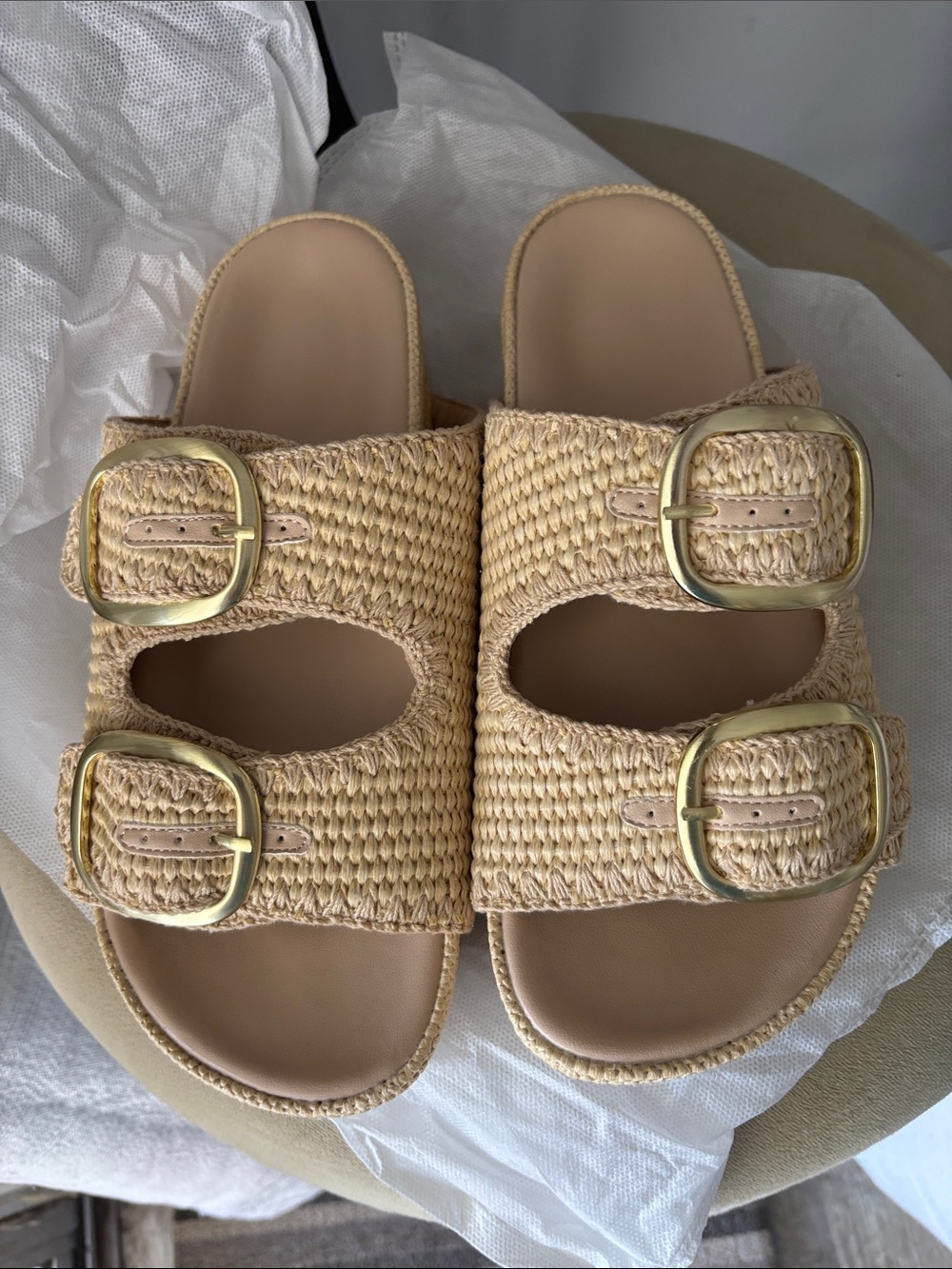 Neutral Woven Double-Buckle Slide Sandals - Beige